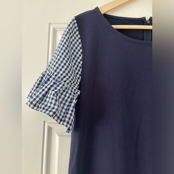 J Crew Factory Printed Bell-Sleeve Check Gingham Print Blue Dress Size M… - Picture 3 of 10